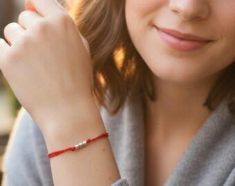 925 Sterling silver 3 thin beads RED Cord bracelet Lucky Kabbalah Man woman teen jewel