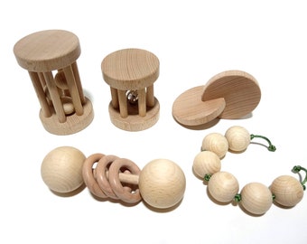 Lot de hochets Montessori, ensemble 5 jouets bébé en bois