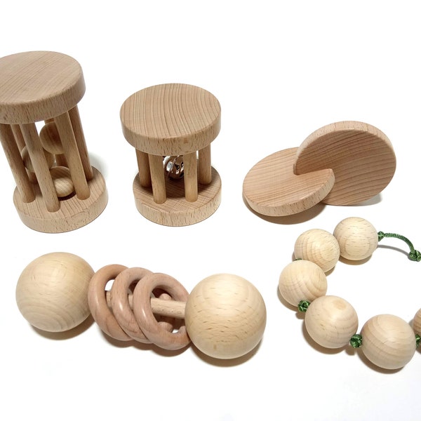 Lot de hochets Montessori, ensemble 5 jouets bébé en bois