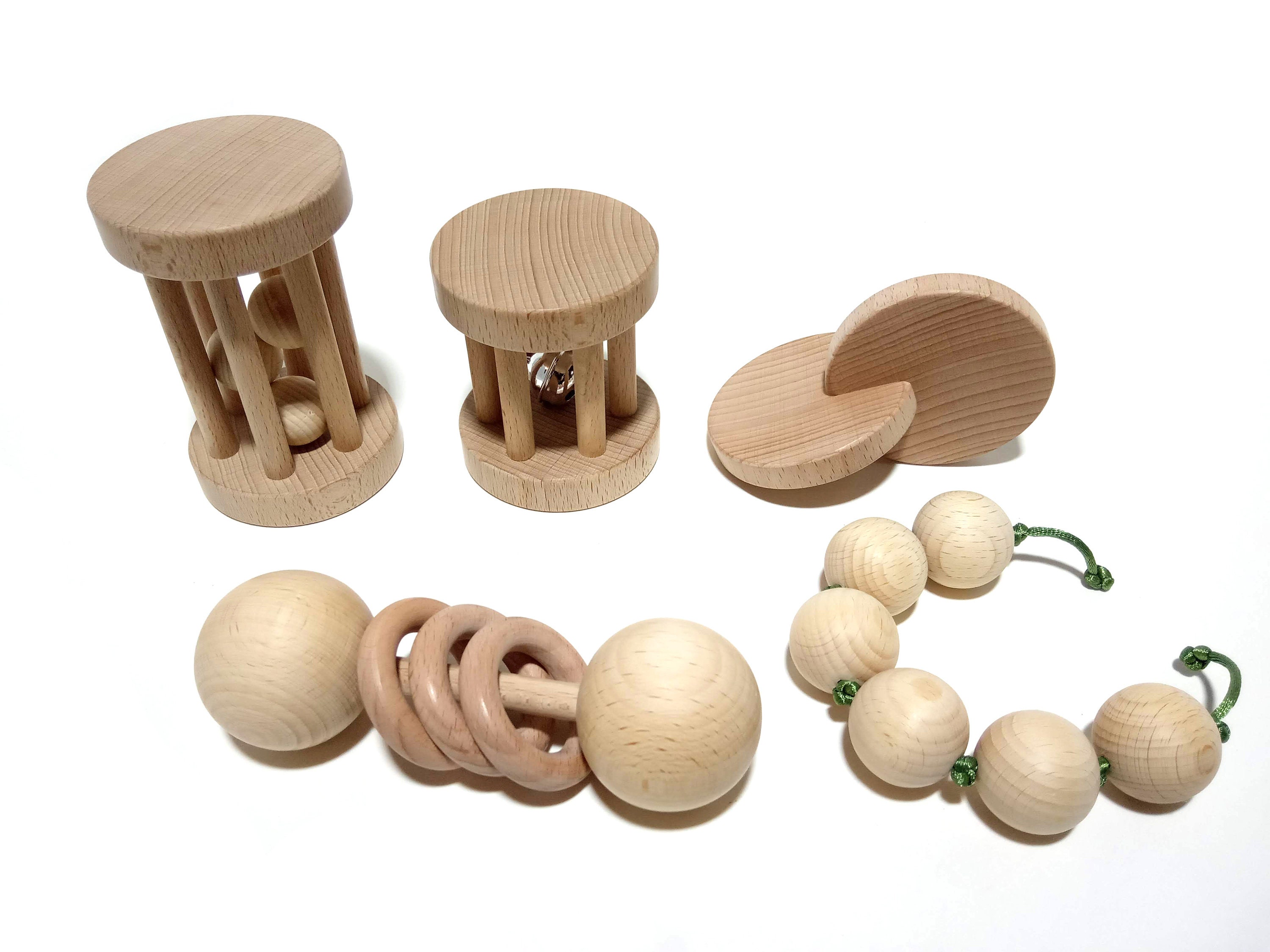 Juguetes de madera orgánicos para niños pequeños, 4 piezas, sonajero  Montessori de madera, juguete de agarre intelectual para niños pequeños,  regalo