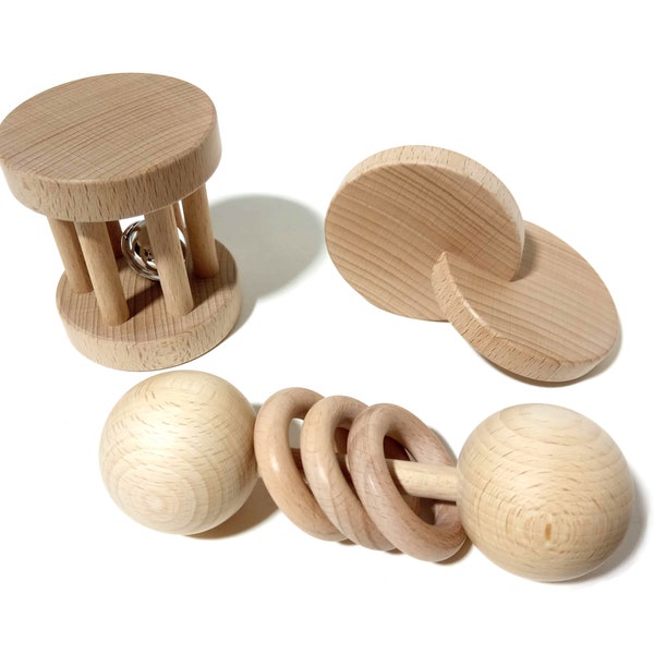 Set mit 3 Babyspielzeugen aus Holz, Montessori-Inspiration