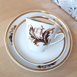 COFFEE SET Latvian Vintage/ Thin Porcelain Cup, Saucer, Dessert Plate with Ornamental Decal/ Latvia