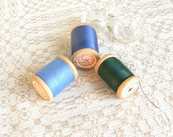 pure cotton craft supplies wooden thread spools light dark blue orange dark green sand beige pink rose Set of 6 cotton sewing threads