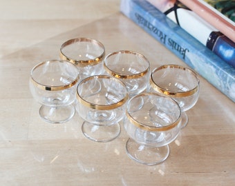 6 SHOT GLASSES Vintage/ 6 Shot Glasses on Leg with Gold Rim/ Vintage Drinks Serving/ Latvia