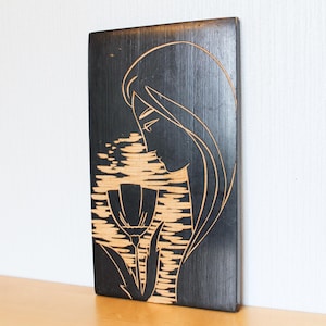 SALE... WOODEN PLAQUE Vintage/ Wooden Wall Plaque - Girl with Tulip/ Carved Wood Picture/ Ussr