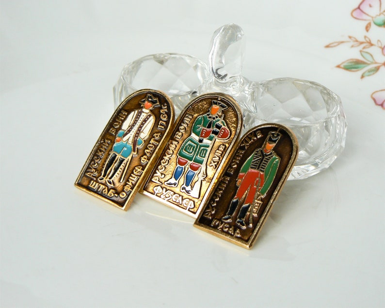 3 BADGES SOLDIERS Vintage Set of 3 Badges Russian Soldiers Vintage Brooches Ussr 1980s