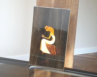 WOODEN PLAQUE Latvian Vintage/ Wooden Inlay Wall Plaque, Girl with Amber/ Latvian Wooden Art/ Vintage Home Decoration/ Latvia