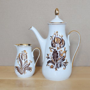 COFFEE SET Latvian Vintage/ Porcelain Creamer, Coffee Pot with Floral Decal and Gold Rim/ Vintage Coffee Serving/ Latvia