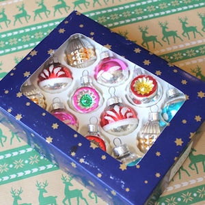 12 GLASS ORNAMENTS Vintage/ 12 Christmas Glass Ornaments in Box/ Vintage Glass Ornaments/ Germany