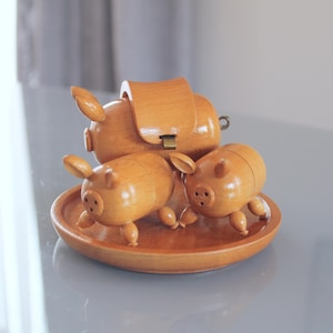 WOODEN PIGLETS, Salt Shakers/ Vintage Set for Spices, Piglets - Wooden Bowls for Spices/ Retro Table Serving/ Latvia
