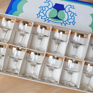 12 MINIATURE GLASSES Vintage/ 12 SHOT Glasses on Leg in Box/ Glasses with Gold Rim/ Vintage Drinks Serving/ Latvia