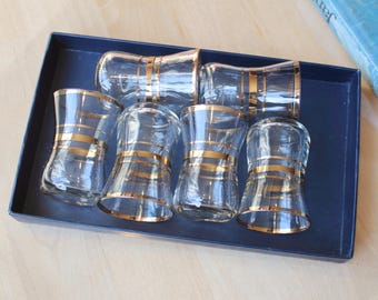 6 GLASSES Vintage/ 6 Shot Vodka Glasses with Gold Stripes/ Vintage Drinks Serving/ Latvia