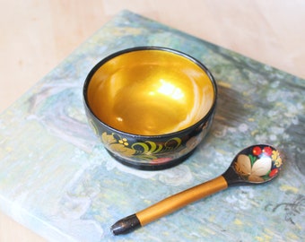 BOWL & SPOON Vintage/ Wooden Bowl and Spoon with Floral Khokhloma Paintings/ Russian Folk Style/ USSR