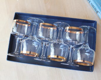6 GLASSES Vintage/ 6 Shot Glasses on Leg with Gold Rim/ Vintage Drinks Serving/ Latvia