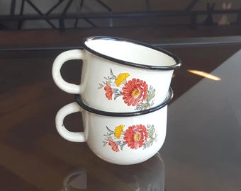 2 ENAMEL MUGS Vintage/ Enamel Mugs with Floral Decal/ Vintage Kitchen Utensils/ USSR