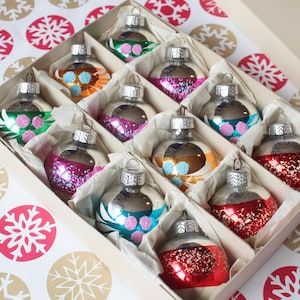 12 GLASS ORNAMENTS Vintage/ 12 Christmas Glass Ornaments in Box/ Vintage Glass Ornaments/ Germany GDR