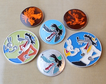 NU POGODI BADGE Vintage/ Wolf & Bunny  Badges, Russian Cartoon Heroes from Nu, Pogodi!/ Ussr