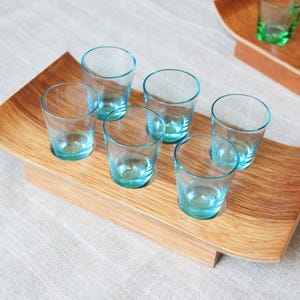 6 SHOT GLASSES & TRAY Vintage/ Blue Shot Vodka Glasses on Wooden Tray/ Vintage Drinks Serving/ Latvia