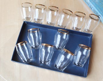 6 SHOT GLASSES Vintage/ 6 Shot Glasses with Gold Rim/ Vintage Drinks Serving/ Latvia