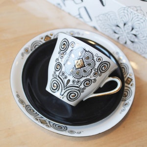 COFFEE SET Latvian Vintage/ Thin Porcelain Cup, Saucer, Dessert Plate with Ornamental Decal/ Latvia
