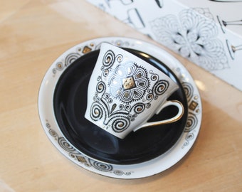 COFFEE SET Latvian Vintage/ Thin Porcelain Cup, Saucer, Dessert Plate with Ornamental Decal/ Latvia