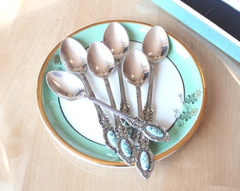 6 SPOONS with ENAMEL Vintage/ 6 Tea Coffee Spoons with Enamel Decoration/ Russian Retro Table Serving/ USSR