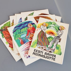 FIABE ESTONIE_ 14 CARTE Vintage/ Carte con illustrazioni di fiabe estoni/ Carte per bambini vintage/ URSS