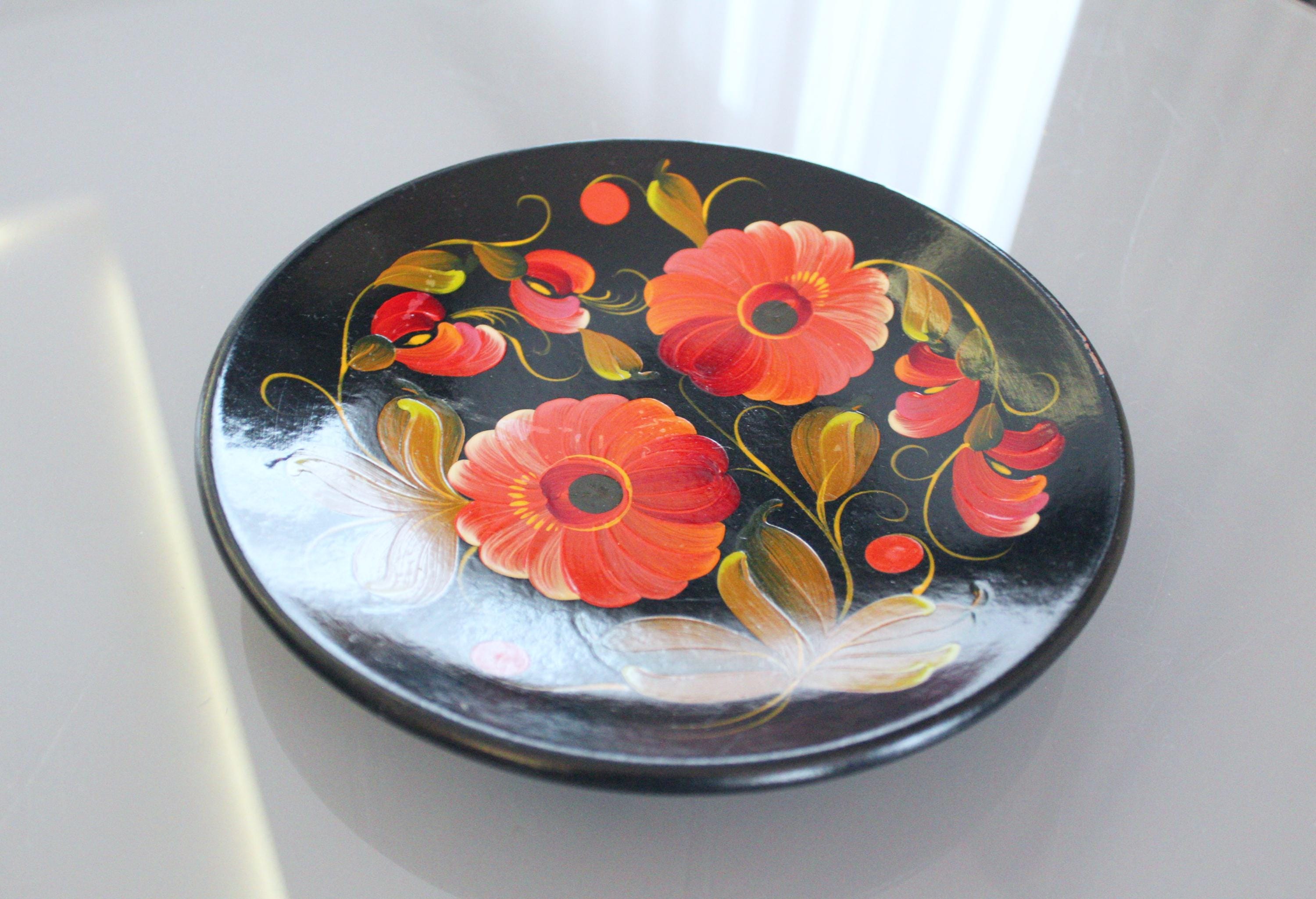 PAINTED PLATE Russian Vintage/ Wooden Plate With Floral Paintings
