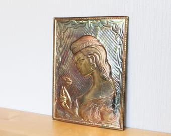 SALE... METAL Plaque Vintage/ Embossed Metal Plaque, Wall Picture Girl with Flower/ Russian Vintage Home Decoration/ Ussr