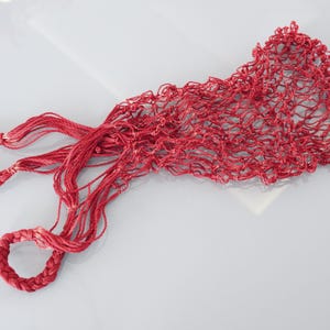 Könnte beinhalten: Eine rote Netztragetasche mit zwei Henkeln. Die Tasche besteht aus einem feinen Netzmaterial und ist ideal zum Tragen kleiner Gegenstände.