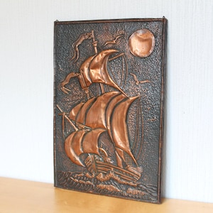 GALLEON_METAL PLAQUE Vintage/ Embossed Metal Picture with Sailing Ship/ Russian Vintage Home Decoration/ Ussr