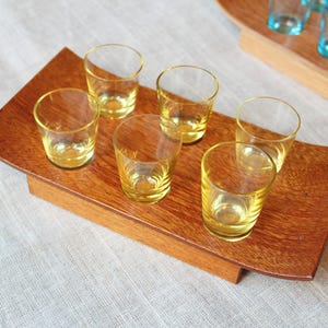 6 SHOT GLASSES & TRAY Vintage/ Blue Shot Vodka Glasses on Wooden Tray/ Vintage Drinks Serving/ Latvia