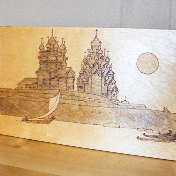 KIZHI_WOODEN PLAQUE Vintage/ Wooden Wall Plaque Kizhi Pogost/Russian Wooden Art Picture/ Russian Churches/ USSR 1970s