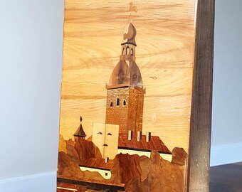RIGA_WOODEN INLAY PLAQUE Vintage/ Wooden Wall Plaque Old Riga View/ Wooden Art Picture/ Latvia