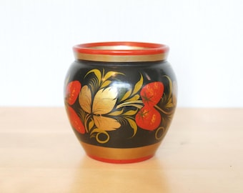 WOODEN BOWL Vintage/ Khokhloma Folk Painting, Wooden Bowl with Floral Paintings/ Russian Vintage Home Decoration/ Ussr
