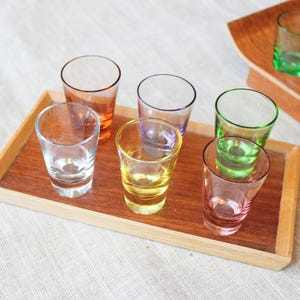 6 SHOT GLASSES & TRAY Vintage/ Color Shot Vodka Glasses on Wooden Tray/ Vintage Drinks Serving/ Latvia