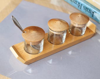 SET for SPICES Vintage/ Salt, Pepper & Mustard Bowls on Tray, Glass and Wood/ Retro Table Serving/ Latvia