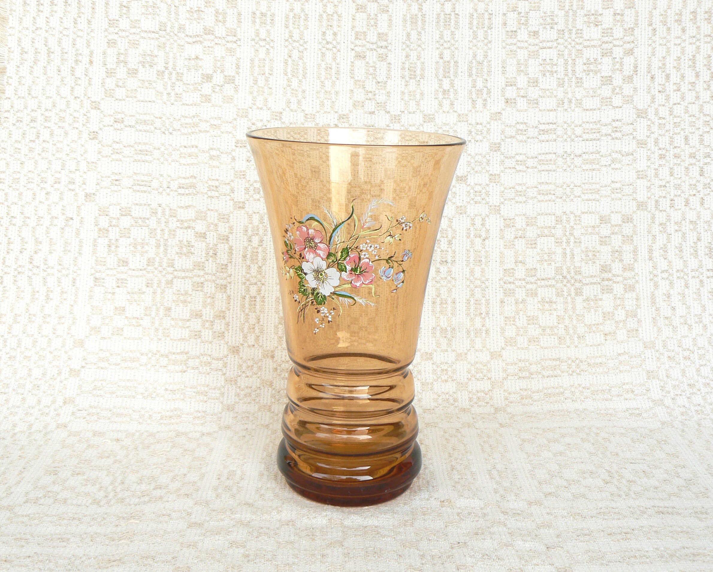 GLASS VASE Vintage/ Brown Glass Vase with Floral Decal/ Etsy
