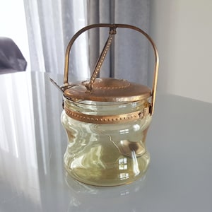 GLASS SUGAR BOWL Vintage/ Yellow Glass Sugar Bowl with Metal Lid & Spoon/ Russian Vintage Table Serving/ Ussr
