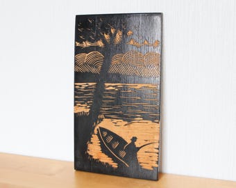 SALE... WOODEN PLAQUE Vintage/ Wooden Wall Picture, Fishing Trip/ Russian Vintage Home Decoration/ Ussr