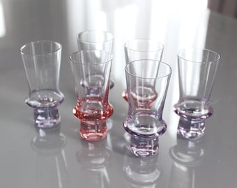 6 SHOT GLASSES Vintage/ 6 Color Shot Vodka Glasses Lilac and Pink Color/ Vintage Drinks Serving/ Latvia