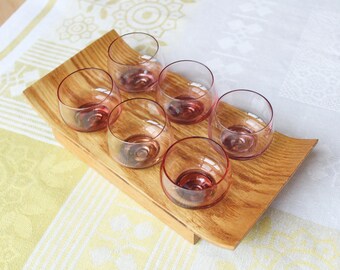 GLASSES with TRAY Vintage/ 6 Color Glasses with Wooden Tray/ Vintage Drinks Serving/ Latvia