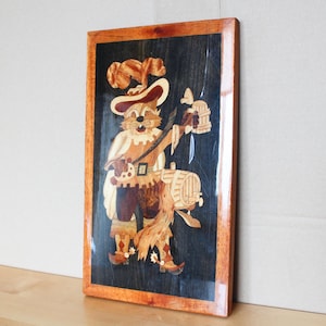 CAT_WOODEN INLAY Vintage/ Marquetry Wooden Wall Plaque, Cat in Boots, Musketeer/ Vintage Home Decoration/ Ussr