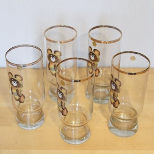 OLYMPISCHES BÄRENGLAS Vintage / 1 Glas mit olympischem Bärenabziehbild & Goldrand / Lettisches Vintage Glas / Lettland Bild 4