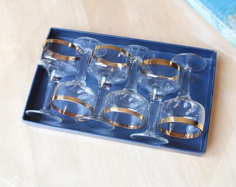 6 SHOT GLASSES Vintage/ 6 Shot Vodka Glasses on Leg with Gold Rim/ Vintage Drinks Serving/ Latvia