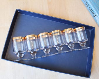 6 SHOT GLASSES Vintage/ 6 Shot Glasses on Leg with Gold Rim/ Vintage Drinks Serving/ Latvia