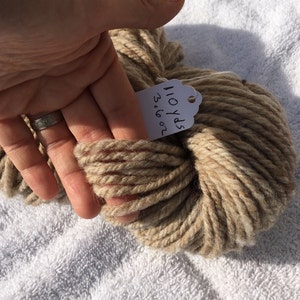 May include: A skein of beige yarn with brown highlights. The yarn is labeled "110 yds 3.16 oz".