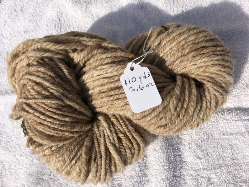 May include: A skein of beige yarn with brown flecks. The yarn is tied with a white tag that reads "110 yds 3.16 oz".