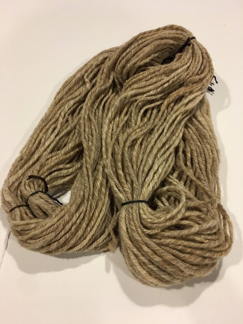 May include: A skein of beige yarn with a subtle brown and white variegation. The yarn is made of natural fibers and is perfect for knitting or crocheting.