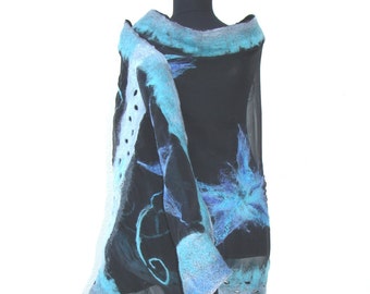 Nuno felted silk scarf, Silk, Wool, Black, Blue, Floral, Unique Handmade scarf, Evening scarf, Christmas Gift, Delicate Silk Wrap, Felting,